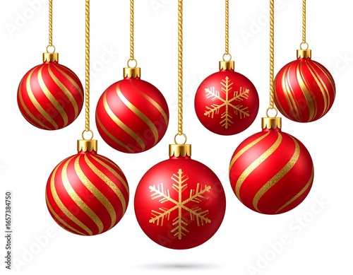 Red and gold Christmas ornaments hang from gold cords against a white background