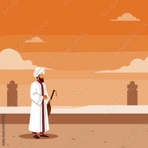 Traditional Musician with Oud in Desert Landscape