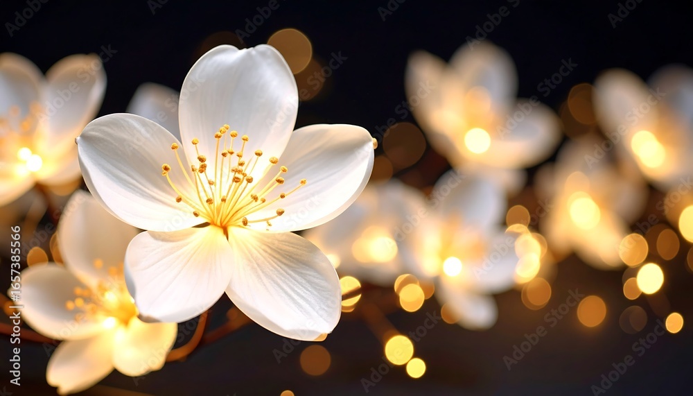 Fototapeta premium Enchanting night bloom luminous white petals with golden bokeh background creating magic