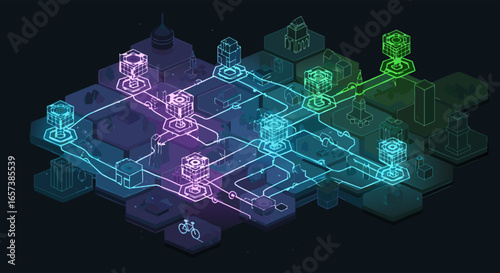Isometric illustration of a complex data network with glowing nodes and connections, showing teal and purple hues against a dark