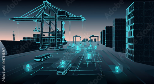 Futuristic smart city port: digital rendering of automated cargo transport system with glowing cyan lines, showcasing efficient