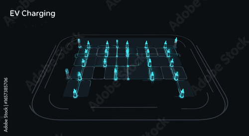 Overhead view of an electric vehicle charging station network, depicted as a digital illustration with cool blue tones against a dark