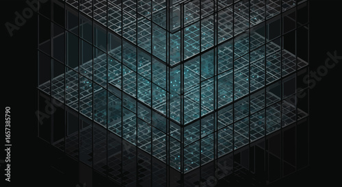 Isometric view of a dark teal glass cube structure, showcasing intricate internal framework and minimalist design against a black