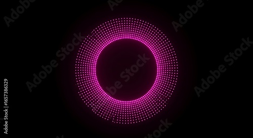 Abstract futuristic background with a glowing pink neon circle of dots forming a digital portal or tunnel on a black backdrop.
