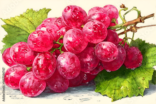 Juicy Red Grapes with Green Leaves