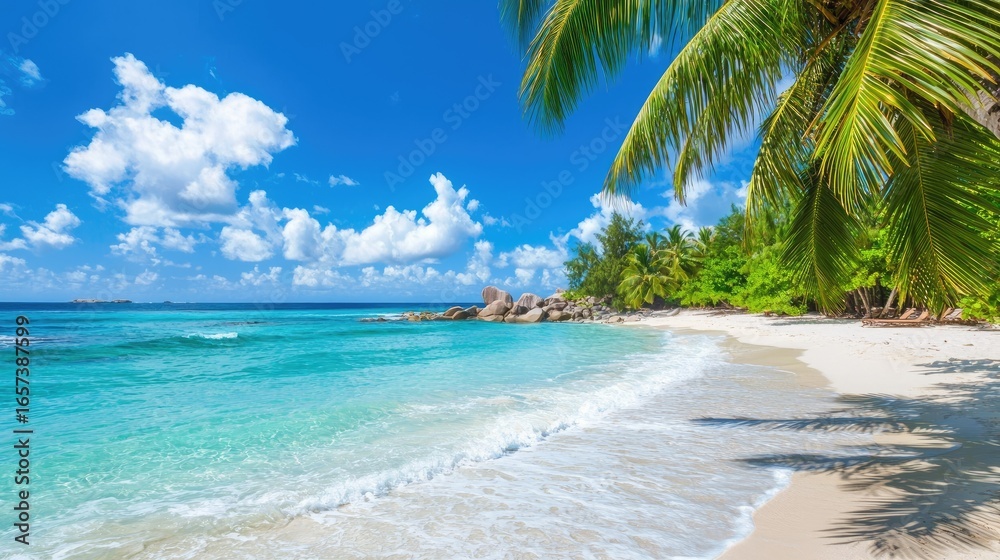 Fototapeta premium Serene Tropical Beach with Clear Turquoise Water and Lush Green Palm Trees Under a Bright Blue Sky