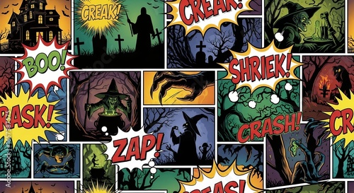 Halloween themed comic book panel background illustration with spooky elements. Concept for party invitation, seasonal decoration and graphic novel design