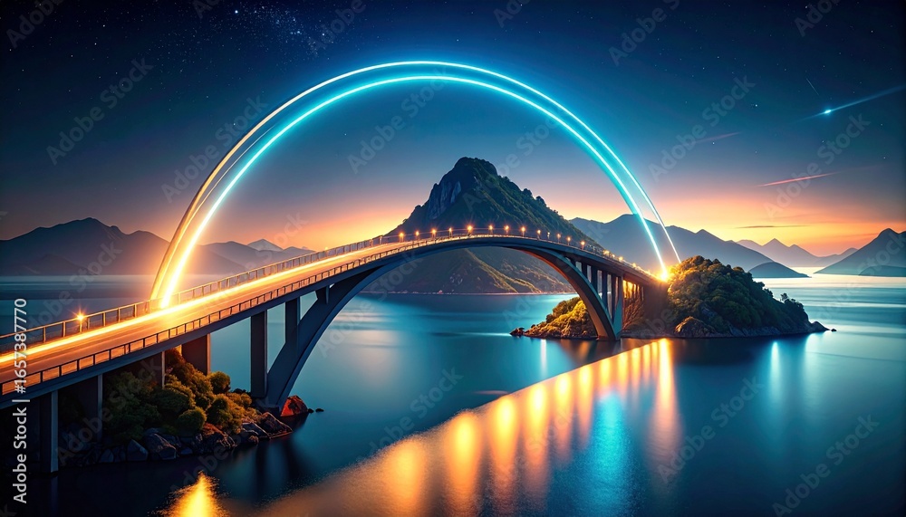 Obraz premium A futuristic bridge spanning a wide body of water, highlighted by two glowing arches of light. This artwork symbolizes innovation, connection, and overcoming distance with technology.