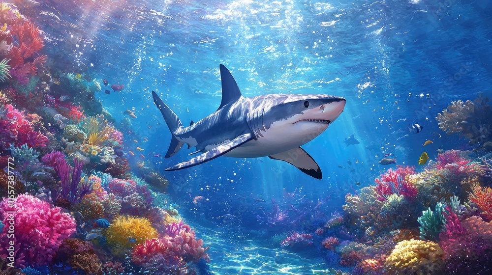 Fototapeta premium Majestic Shark Swimming Through Vibrant Coral Reef with Sunlight Filtering Through Ocean Waters
