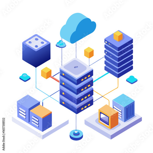 Isometric network infrastructure with servers and cloud