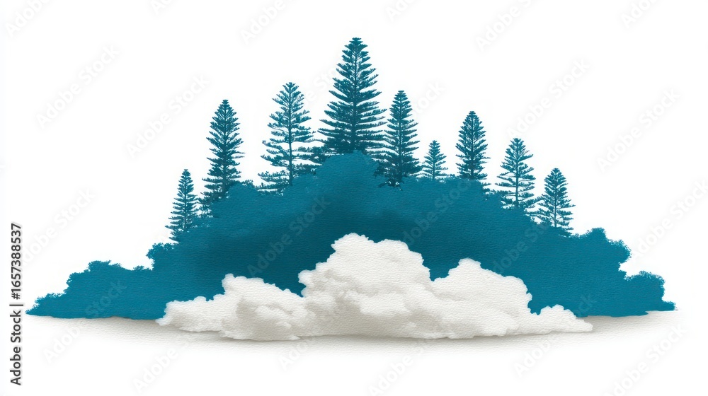 Fototapeta premium Stylized dark blue coniferous forest silhouette rising above fluffy white clouds