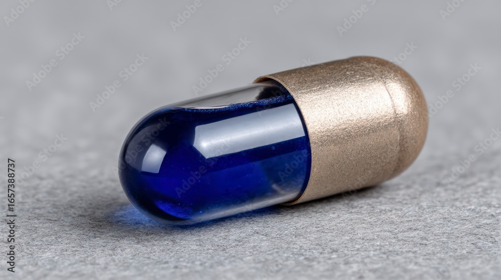 Naklejka premium A single medical capsule with blue liquid and a metallic gold band pill