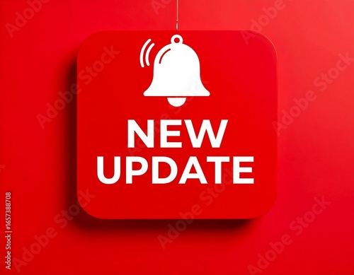 Red square sign with a bell icon and the words 