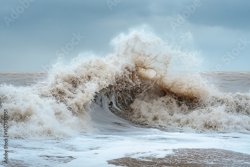 Fototapeta Naklejka Na Ścianę i Meble -  Turbulent waters: a powerful wave crashes on a cloudy day at the sea
