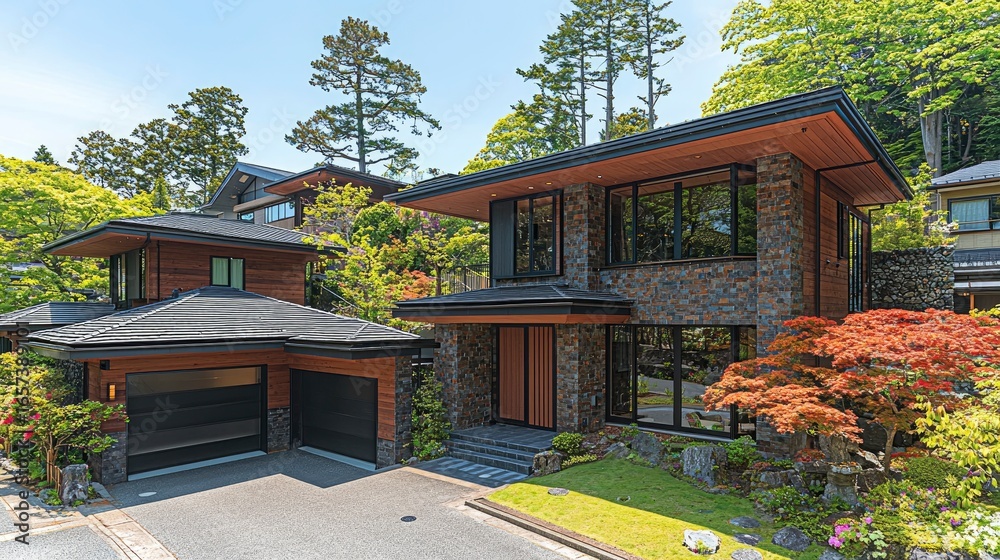 Obraz premium Modern home blends with leafy landscape