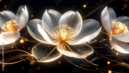 Ethereal luminous flowers floating amidst shimmering golden streams against dark backdrop
