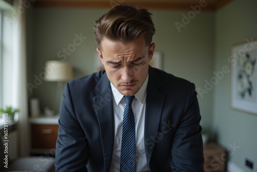 Stressed Young Man in Suit Looking Down with Sad Expression