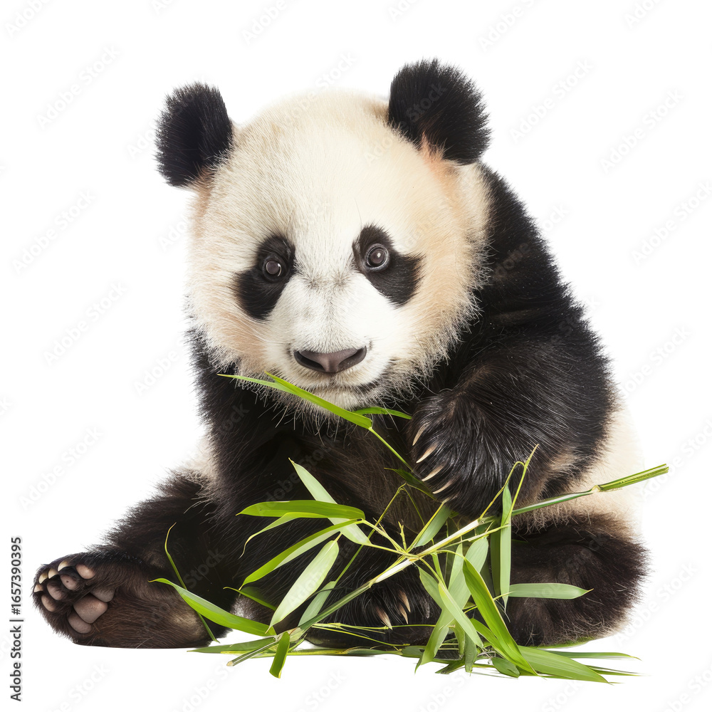 Fototapeta premium and keyword list based on the image.. Panda Eating Bamboo in Natural Habitat.