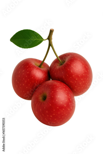three red apples with stem and leaf on transparent background
