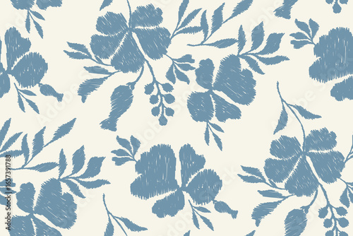 Vintage floral embroidery pattern with ikat flowers and paisley border seamless design.