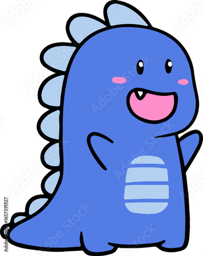 An adorable blue cartoon dinosaur illustration with light blue spikes and belly stripes, smiling cheerfully and waving.