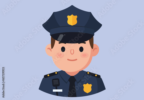 Illustration of a Cartoon Policeman in Uniform with a Badge, Representing Law Enforcement and Public Safety, on a Light Blue Background