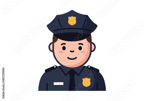 Cartoon illustration of a friendly smiling policeman in a classic uniform. A flat vector avatar icon representing law enforcement and public security.