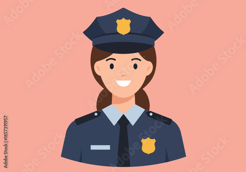 Friendly woman police officer character avatar. Vector illustration of a female cop in uniform representing authority, safety, and community.