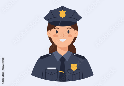 A smiling woman in a police uniform with a peaked cap and badge