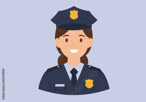 Illustration of a smiling female police officer in uniform with badge and cap, representing law enforcement and safety