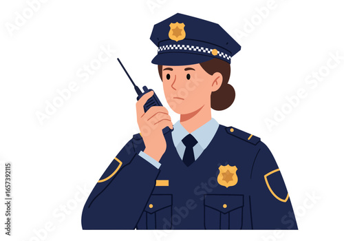 Female Police Officer Communicating with Walkie-Talkie - Public Safety Illustration