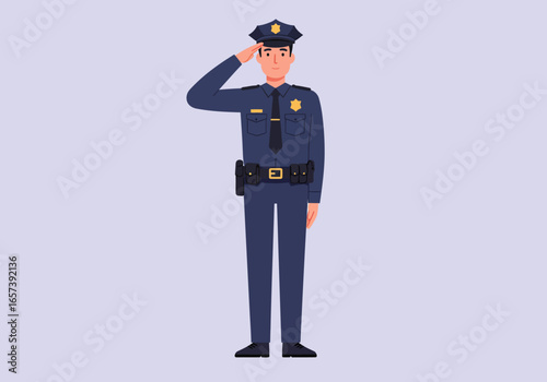 Illustration of a police officer in uniform saluting with hand on forehead against a solid background, conveying respect and authority.