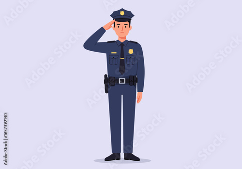 Young male police officer in a blue uniform and cap, standing and giving a respectful salute. A concept of law, order, and civil duty.