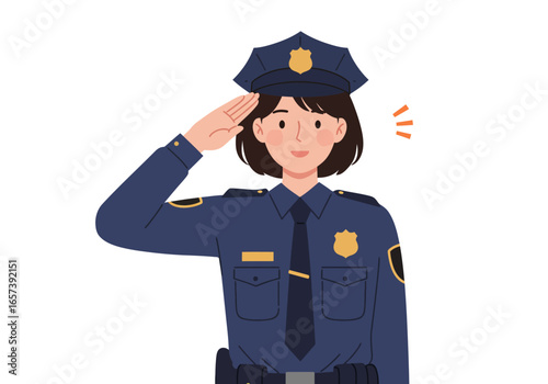 Vector illustration of a professional female police officer saluting in her uniform. A friendly policewoman character showing respect and honor.