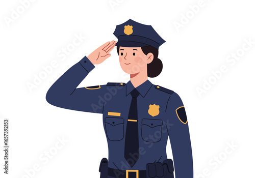 A dedicated female police officer in a sharp uniform renders a respectful salute, embodying professionalism and public service within law enforcement and public trust.