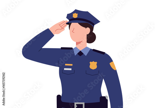 A professional female police officer in a full blue uniform performs a respectful salute, embodying law enforcement and dedicated public service.