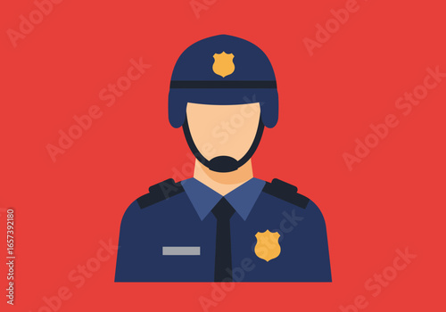 A simple, stylized illustration of a police officer in uniform, set against a solid red background, embodying concepts of law enforcement and security.