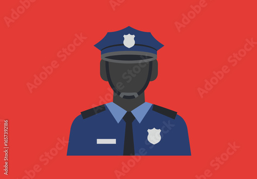 Police officer illustration with dark skin and blue uniform against a plain red background, conveying authority and safety