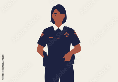 Professional woman of color as a police officer in uniform. A flat vector character illustration symbolizing diversity in law enforcement.