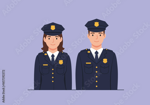 Illustration of two police officers, a man and a woman, standing side by side, wearing their uniform against a light purple background