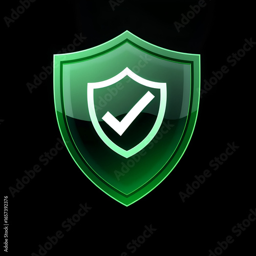 Green shield check mark icon or security shield protection icon with tick symbol