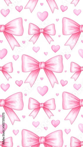 Seamless pattern of pink bows and hearts on white background