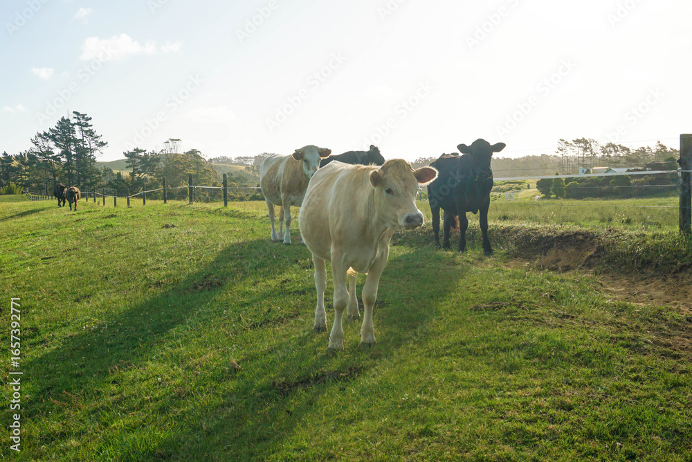 Several cows are on a farm in New Zealand. Several cows are on a farm in New Zealand.