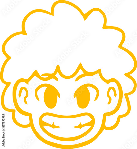 A vibrant yellow line illustration of a happy cartoon character with curly hair and a big, toothy grin.