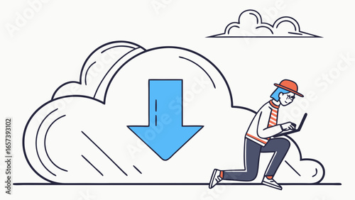 Cartoon illustration of a person downloading data from a cloud storage service using a laptop, showcasing modern technology and file management practices.