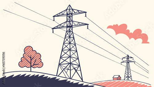 Power lines over landscape illustration with electricity pylons and transmission towers conveying energy across country