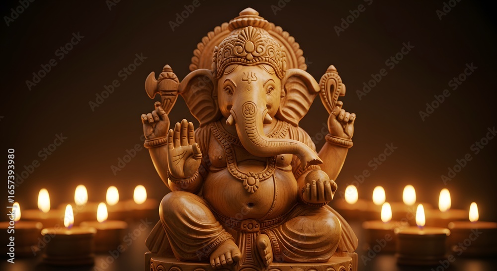 Fototapeta premium Wooden Carved Lord Ganesha Statue with Candlelight