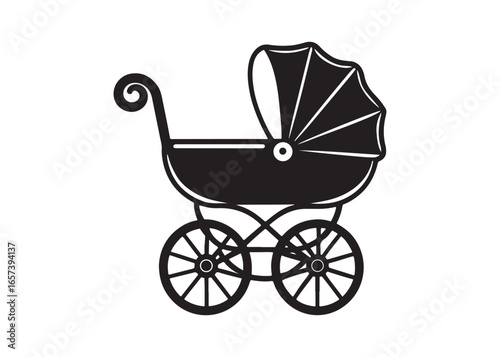 Classic Baby Carriage Silhouette Vector Illustration with Large Wheels.