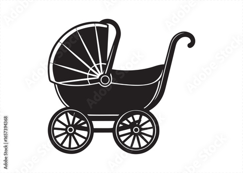 Classic Baby Carriage Silhouette Vector Illustration with Large Wheels.