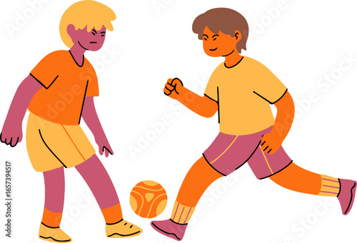 Two boys playfully compete in a friendly soccer match, showcasing energetic movement and youthful spirit.